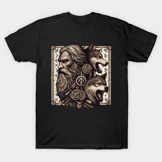 Odin with Two Wolfs Norse Mythology Valhalla T-Shirt by TomFrontierArt